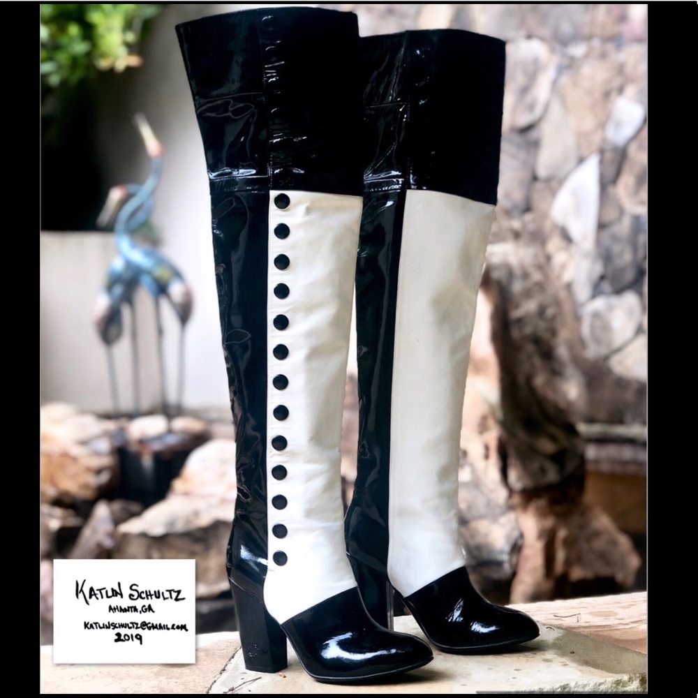 AUTH CHANEL OVER THE KNEE PATENT & LAMBSKIN BOOTS